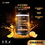 Produk I-CON PUMP MAX rasa orange dengan informasi kandungan, takaran, cara minum, manfaat