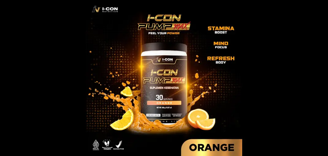 Produk I-CON PUMP MAX rasa orange dengan informasi kandungan, takaran, cara minum, manfaat