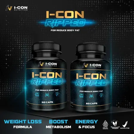 Dua botol suplemen I-CON RIPPED, fat burner terbaik untuk mengurangi lemak tubuh, meningkatkan metabolisme, energi, dan fokus